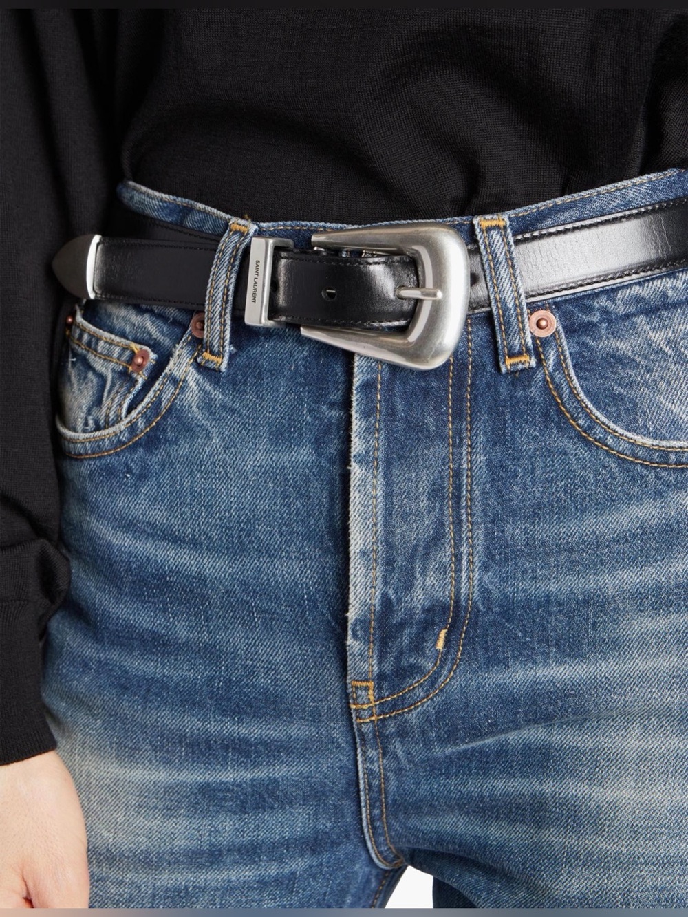New Saint Laurent Folk Belt Black/Silver Size 80